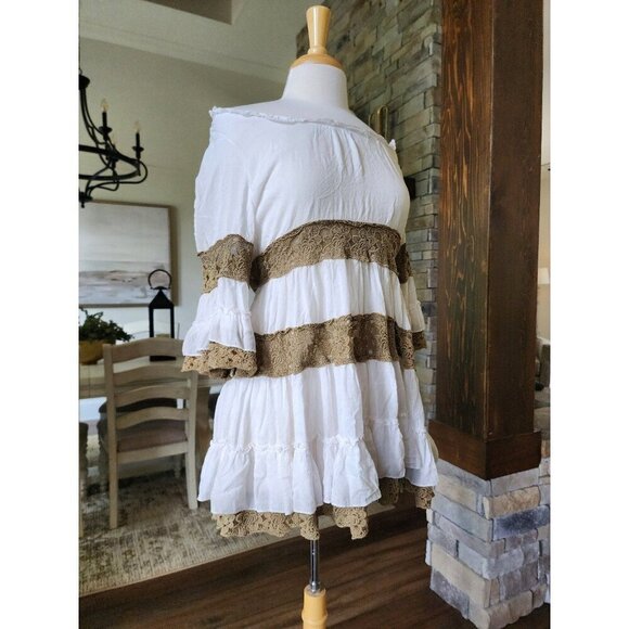 Boho Lace & Cotton Bohemian Off the Shoulder Ruffle White Graduation Wedding - Picture 4 of 10